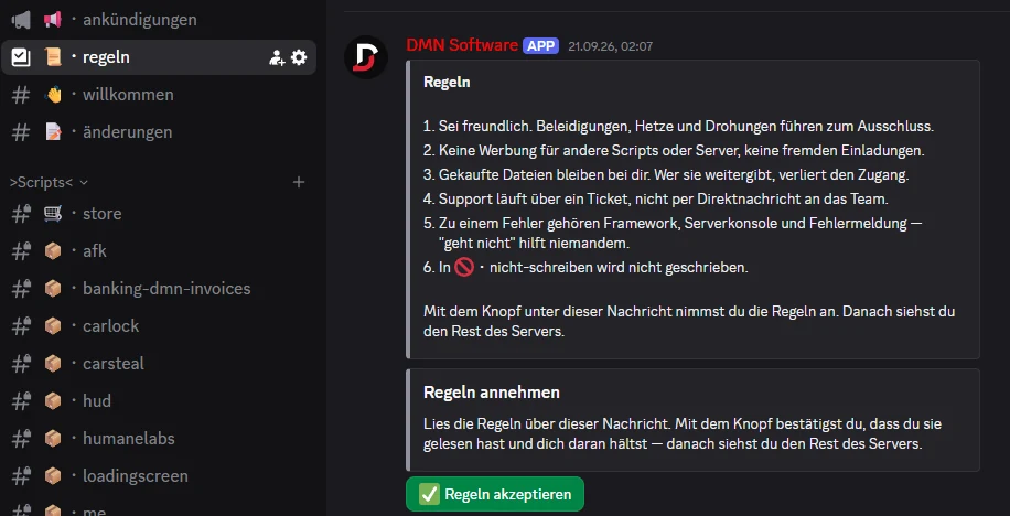 Die Nachricht des Bots mit sechs Regeln, darunter der Abschnitt Regeln annehmen und der grüne Knopf Regeln akzeptieren