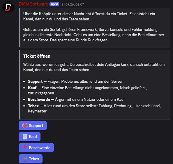 Die Karte Ticket öffnen, die die Arten Support, Kauf, Beschwerde und Tebex erklärt, darunter die vier Knöpfe