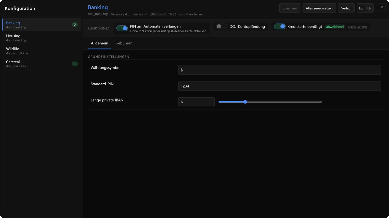 Config Editor von dmn_base mit der Liste der Ressourcen links und den Einstellungen von dmn_banking rechts: Schalter für Funktionen, Währungssymbol, PIN und Länge der IBAN