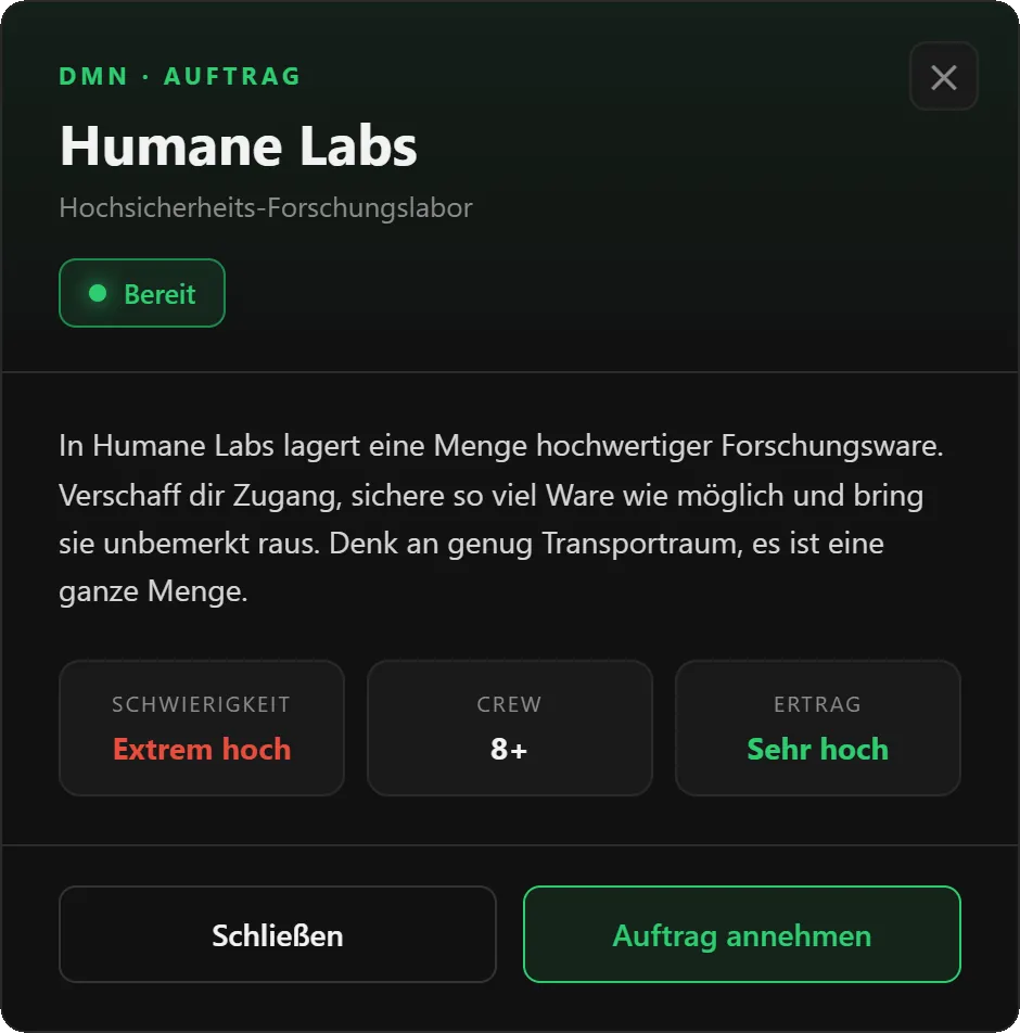 Briefing zum Auftrag Humane Labs mit Beschreibung, Schwierigkeit, Größe der Crew und Ertrag