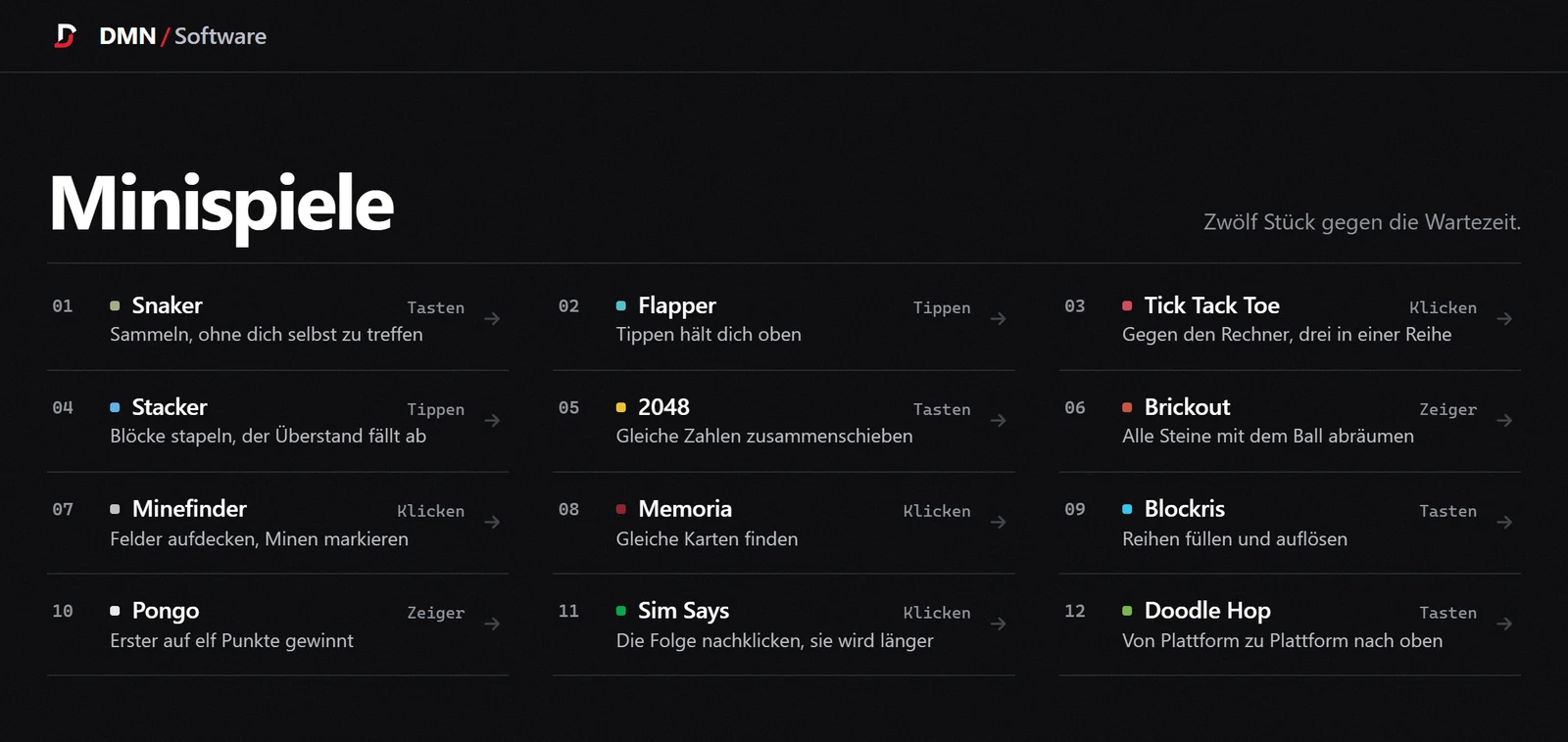 Start page on desktop: twelve games as a numbered list in three columns, each entry with name, color dot, short description and the controls such as keys, tap, click or pointer