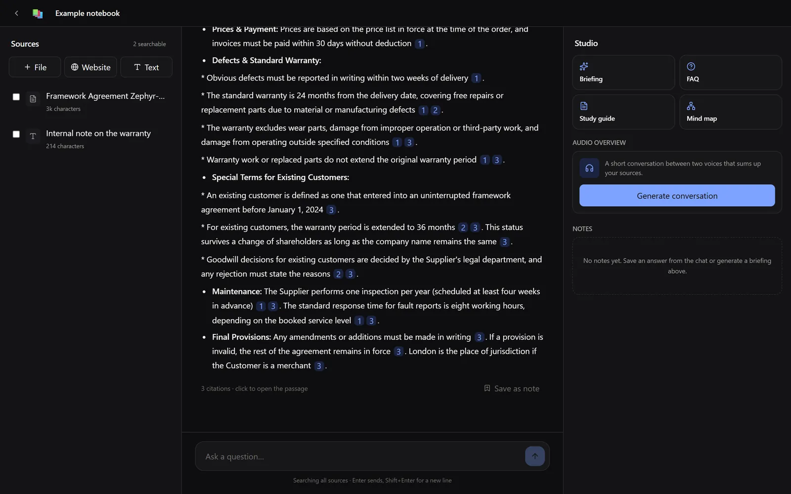Chat answer about a framework agreement, organized by topics such as payment, warranty and maintenance, with small numbered citations after every statement